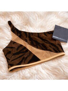 NWT Norma Kamali Tiger Print Mesh Bikini Bottom XS Brown One Shoulder Style